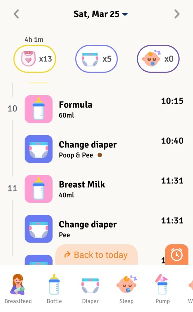 BabyTracker app screenshot of it being used by me